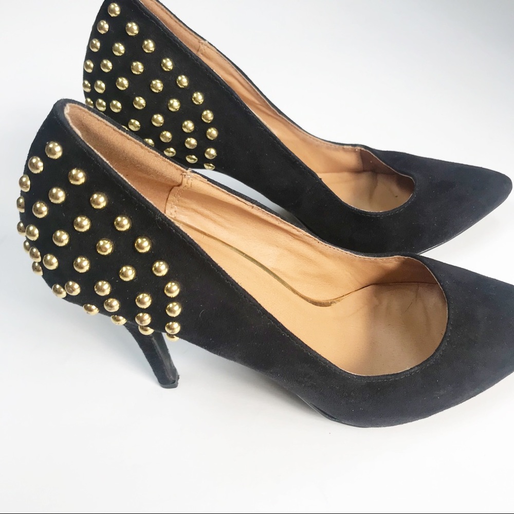 Shoe Dazzle | black suede gold studded heels